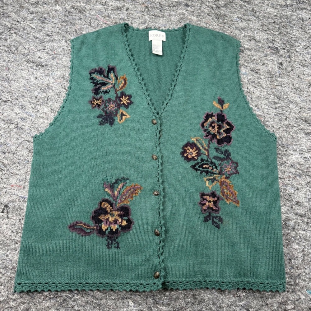Koret Vintage Green Floral Embroidered Knit Sweater Vest Scallop Trim Large